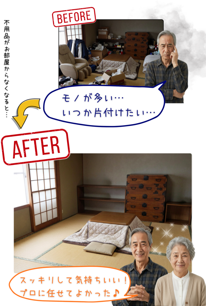 不用品回収前後の状態
・「BEFORE」モノが多い、いつか片付けたい
不用品がお部屋からなくなると
・「AFTER」スッキリして気持ちいい！プロに任せてよかった♪